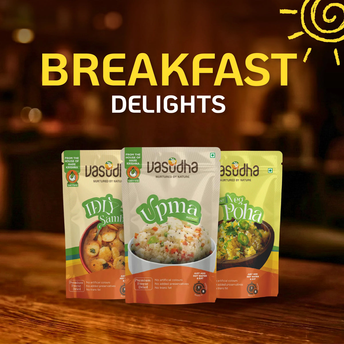 Breakfast Delights – Idly Sambar, Poha & Upma | Ready to eat | No Onion | No Garlic | Sattvic